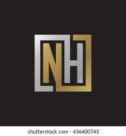 NH initial letters looping linked square elegant logo golden silver black background