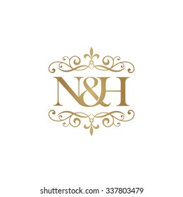 N&H Initial logo. Ornament ampersand monogram golden logo