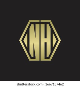 NH Logo monogram with hexagon line rounded design template with gold colors