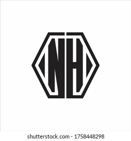 Monograma del logotipo de NH con plantilla de diseño redondeado de línea hexagonal sobre fondo blanco