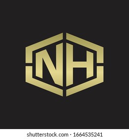 NH Logo monogram with hexagon shape and piece line rounded design tamplate on gold colors