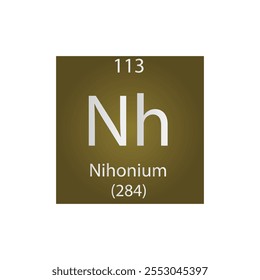 Nh Nihonium Chemical Element Tabla Periódica. Ilustración vectorial cuadrada plana simple, icono de estilo limpio simple con masa molar y número atómico para laboratorio, ciencia o clase de química.