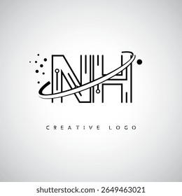 Logotipo de Monograma de Órbita NH - Marca de Letra Mínima Futurista com Linha de Arte Circular, Pontos Inspirados na Tecnologia e Conceito de Movimento Espacial para Identidade de Marca Moderna