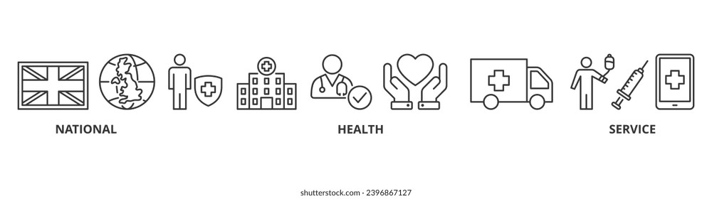 NHS banner web icon vector illustration concept of national health service with icon of globe, hospital, health insurance, ambulance, patient, and medical apps