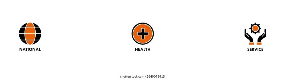 Concepto de Ilustración vectorial del icono del Web del Anuncio del NHS del servicio de salud nacional con el icono del globo, hospital, seguro de salud, ambulancia, paciente y App médicos