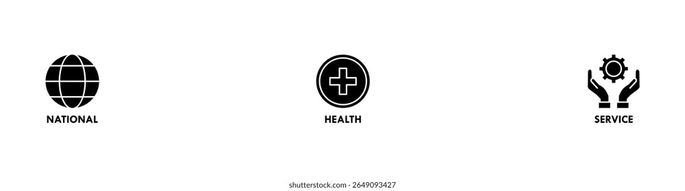 NHS-Banner-Web-Symbol, Vektorgrafik-Konzept des nationalen Gesundheitsdienstes mit einem Symbol für den Globus, Krankenhaus, Krankenversicherung, Krankenwagen, Patient und medizinische Apps