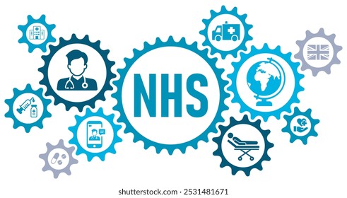 Anuncio Ilustración vectorial de los iconos del Sitio web del Web del concepto del NHS con los iconos del globo del servicio de salud nacional, hospital, seguro de salud, ambulancia, paciente, y App médicos, en el fondo blanco, editable