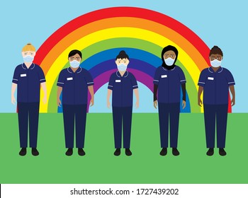 NHS Hospital Staff Wearing Face Masks, Standing In Front Of A Rainbow