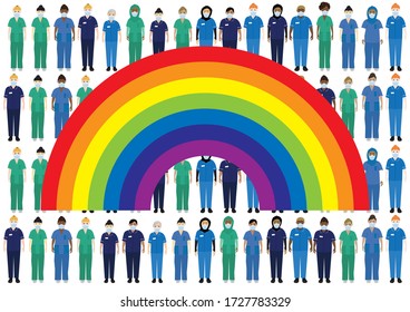 NHS Nurse Characters Wearing Surgical Masks Pattern With A Rainbow On Top