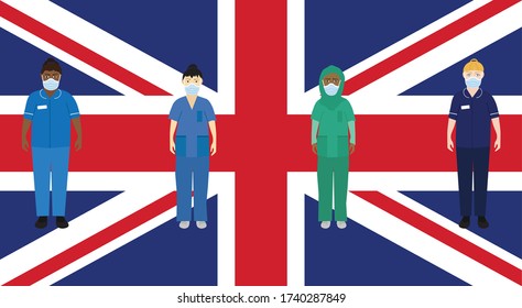 NHS Workers On A Union Jack Background