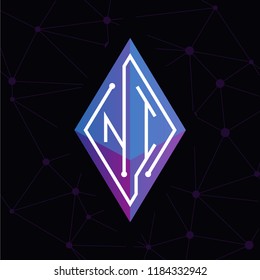 NI Initial letter block chain logo icon vector template. Looping mono line circuit letter on rhombus cube logo
