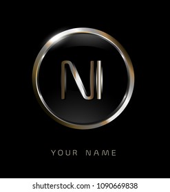 NI initial letters with circle elegant logo golden silver black background