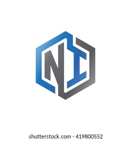 NI initial letters looping linked hexagon logo black gray blue