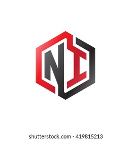 NI initial letters looping linked hexagon logo black red