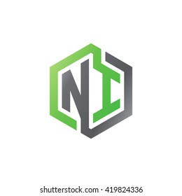 NI initial letters looping linked hexagon logo black gray green