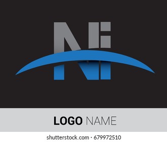 NI initial logo company name colored grey and blue swoosh design.