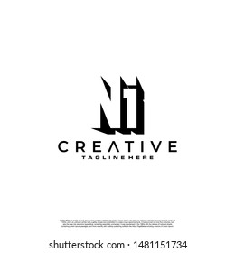 NI Letter Initial Logo Design in shadow shape design concept