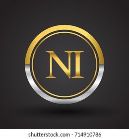 NI Letter logo in a circle, gold and silver colored. Vector design template elements for your business or company identity.