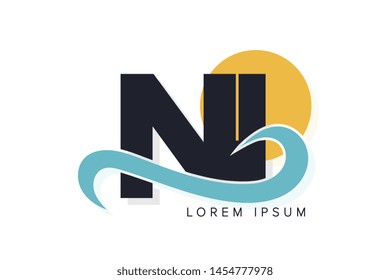 NI letter logo with ocean waves and sunset. Beach concept design