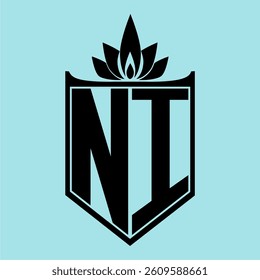 NI Logo featuring a minimalist design with a crown-like flower symbol on top, bold black elements, and a soft blue background, perfect for branding and modern visual identity.