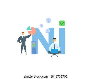 NI, Net Income. Concept with keywords, people and icons. Flat vector illustration. Isolated on white background.