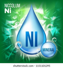 Ni Niccolum Vector. Mineral Blue Drop Icon. Vitamin Liquid Droplet Icon. Substance For Beauty, Cosmetic, Heath Promo Ads Design. 3D Mineral Complex With Chemical Formula. Illustration