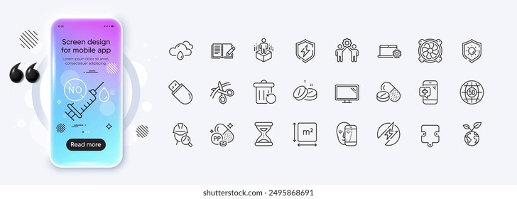 Niacin, Employees teamwork and Medical tablet line icons for web app. Phone mockup gradient screen. Pack of Face biometrics, Electric energy, Coronavirus vaccine pictogram icons. Vector