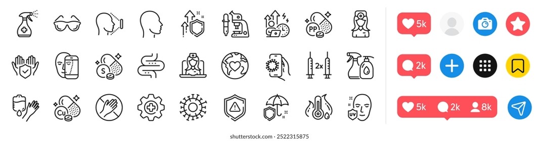 Paquete de iconos de línea Niacina, Shield y Dont touch. Iconos de redes sociales. Medicina, estrés difícil, ícono de Web de paraguas. Donación, vacuna contra el coronavirus, pictograma de coronavirus. Vector