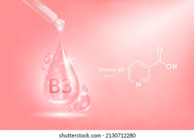 Niacin Vitamin B3 serum liquid gel in dropper and structure. Cream collagen complex with chemical formula from nature skin care vitamins. On pink background 3D vector. Medical scientific concept.