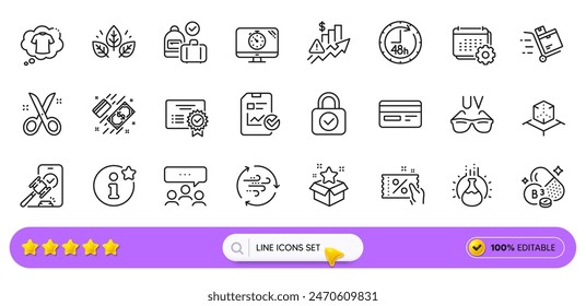 Niacin vitamin, Carry-on baggage and Payment line icons for web app. Pack of Sunglasses, Meeting, Seo timer pictogram icons. Augmented reality, 48 hours, Scissors signs. Credit card. Vector