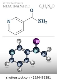 Niacinamide 3d icon. Vitamin B3 molecular structure. C6H6N2O. Medical symbol in shiny realistic style. Editable vector isolated illustration