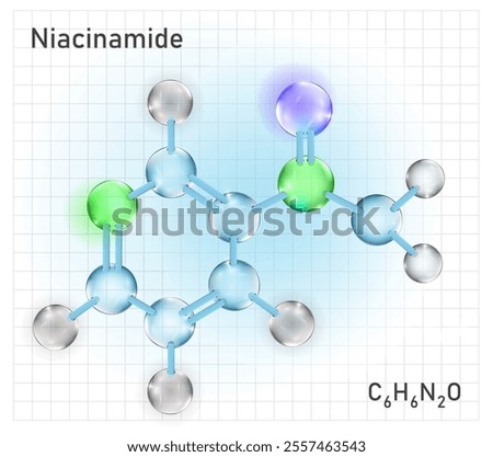 Niacinamide 3d icon. Vitamin B3 molecular structure. C6H6N2O. Medical symbol in shiny realistic style. Landscape poster for school education. Editable vector isolated illustration