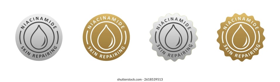niacinamide ingredients formula of skincare, body care, beauty product, cosmetic. badge, seal, sticker, stamp, logo gold and silver color 