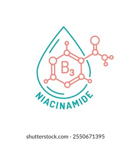 Ícone de linha de niacinamida. Pictograma de cuidados com a pele da vitamina B3. Sinal de hidratação e brilho. Traçado editável. Símbolo médico em estilo de estrutura de tópicos. Bem-estar e conceito de beleza. Ilustração isolada de vetor