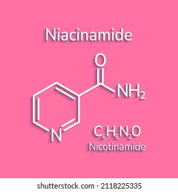 Niacinamide molecular formula vector illustration. Nicotinamide molecule structure and simple text. Vitamin B3 image. Can use for cosmetics cards and business, medical, chemical and scientific designs