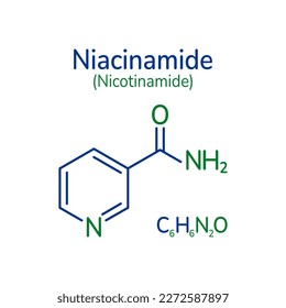 Ilustración vectorial de fórmula molecular de niacinamida. Estructura esquelética de la nicotinamida y texto simple. Imagen de vitamina B3 para tarjetas cosméticas y diseño empresarial, médico, químico y científico