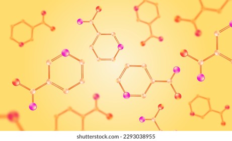 Niacinamide molecules. Vitamin B3, molecular structure and orange spherical molecule illustration.