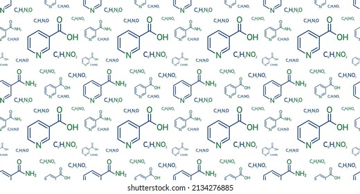 Niacinamide and niacin molecular formula vector illustration. Seamless pattern. Nicotinamide and nicotinic acid chemical background. Vitamin B3. For education, medical and scientific design
