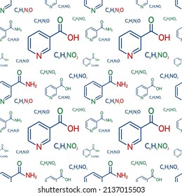 Ilustración vectorial de la niacinamida y la niacina en fórmula molecular. Nicotinamida y fondo químico del ácido nicotínico. Vitamina B3. Para productos cosméticos, negocios de belleza, diseño médico y científico