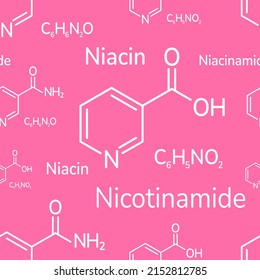 Niacinamide and niacin seamless pattern. molecular formula vector illustration. Nicotinamide and nicotinic acid background. Vitamin B3. For cosmetics products, beauty business, scientific design