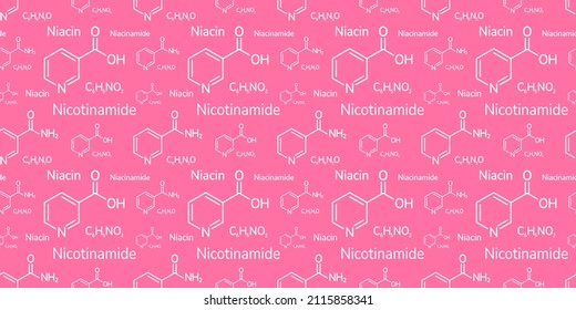 Niacinamide and niacin vector illustration. Nicotinamide and nicotinic acid background. Vitamin B3 seamless pattern. molecular formula wallpaper for cosmetics, cosmetology products, beauty business