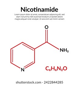 Niacinamide or nicotinamide, a form of vitamin B3. molecular structure formula, suitable for education or chemistry science content. Vector illustration