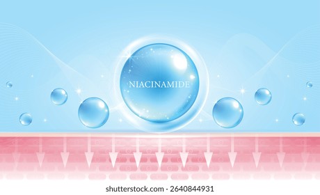 Niacinamide serum drop deeply penetrates skin layers for hydration, brightening, and anti-aging skincare. Perfect for beauty, cosmetic, and dermatology visuals. vector design.