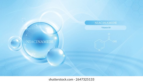 A gota sérica de niacinamida penetra profundamente nas camadas da pele para hidratação, clareamento e cuidados cutâneos anti-envelhecimento. Perfeito para beleza, cosmética e dermatologia visuais. design vetorial.