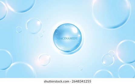 A gota sérica de niacinamida penetra profundamente nas camadas da pele para hidratação, clareamento e cuidados cutâneos anti-envelhecimento. Perfeito para beleza, cosmética e dermatologia visuais. design vetorial.