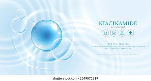 A gota sérica de niacinamida penetra profundamente nas camadas da pele para hidratação, clareamento e cuidados cutâneos anti-envelhecimento. Perfeito para beleza, cosmética e dermatologia visuais. design vetorial.