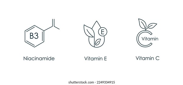 niacinamida, vitamina e, ilustración vectorial del icono de vitamina c 