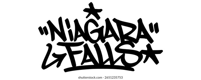 Etiqueta de graffiti de las Cataratas del Niágara en negro llamativo con un aspecto de calle arenoso. Sabor Urbana hecho para el diseño juvenil y escenas de arte subterráneo.

