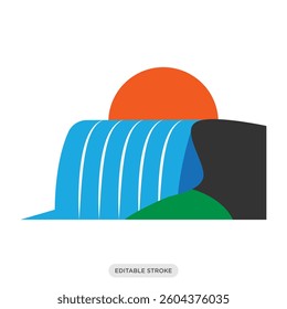 Niagara Falls icon. Waterfall with the sun symbol. Canada travel, landmark, culture vector illustration in color fill style.