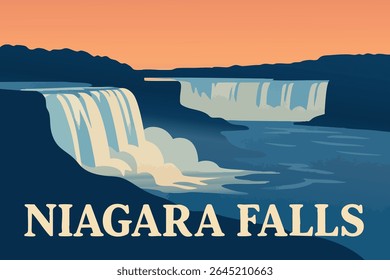 As Cataratas do Niágara oferecem uma vista deslumbrante ao pôr do sol, com a água em cascata iluminada em cores vibrantes, tornando-se uma maravilha natural imperdível na fronteira entre o Canadá e os EUA